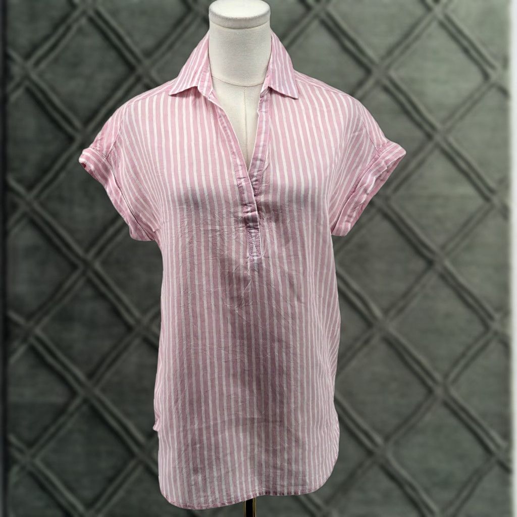 Vintage LOLA RIVER Blouse Womens XS Pink Striped Tunic Short Sleeve Lyocell Linen Size XS / US 0-2 / IT 36-38 - 1 Thumbnail