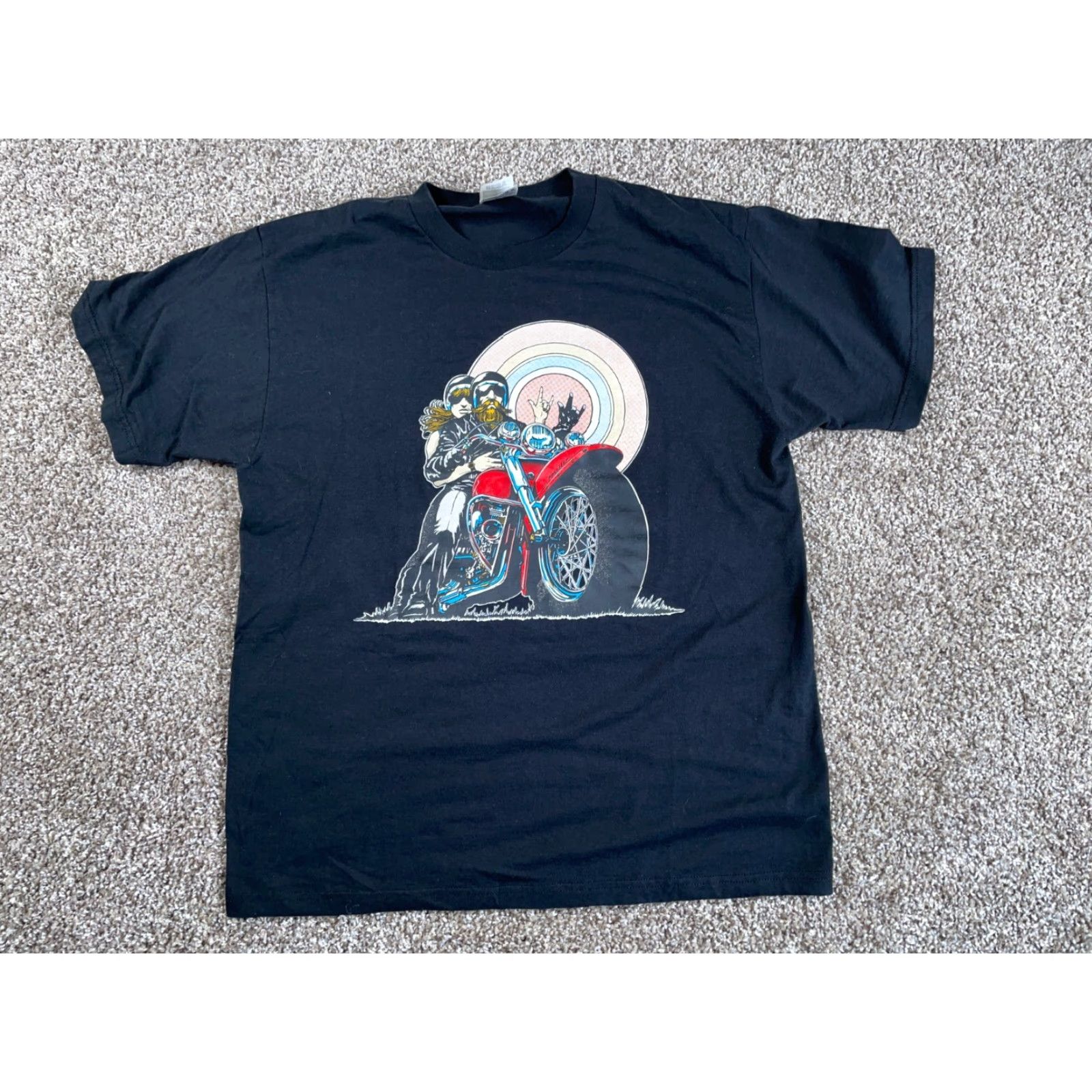 Fruit Of The Loom Fruit of the Loom Bikers Print T-Shirt Motorcycle City Retro Black 50/50 Cotton Blend Large Adult Men Short Sleeve Crew Neck Graphic Front Tag Size US L / EU 52-54 / 3 - 2 Thumbnail