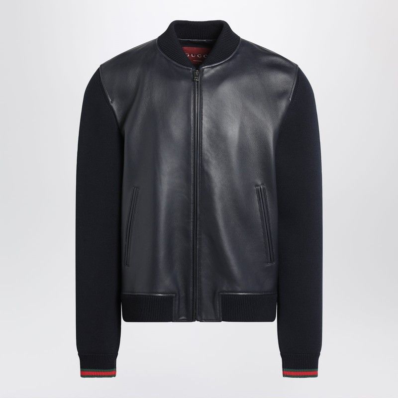 Gucci Navy Blue Nappa Leather And Knit Bomber Jacket