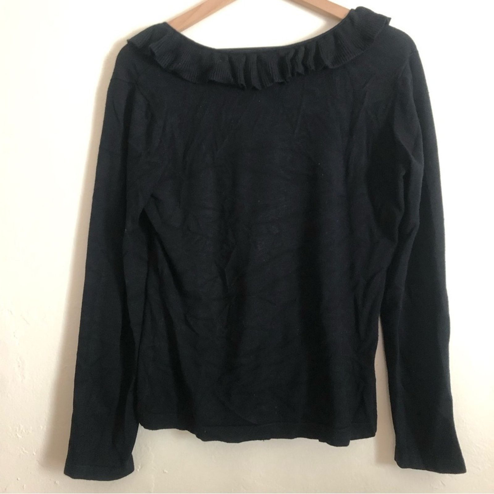 Other Debbie Morgan Black Long Sleeve V-Neck Ruffle Knit Sweater Size M / US 6-8 / IT 42-44 - 6 Thumbnail