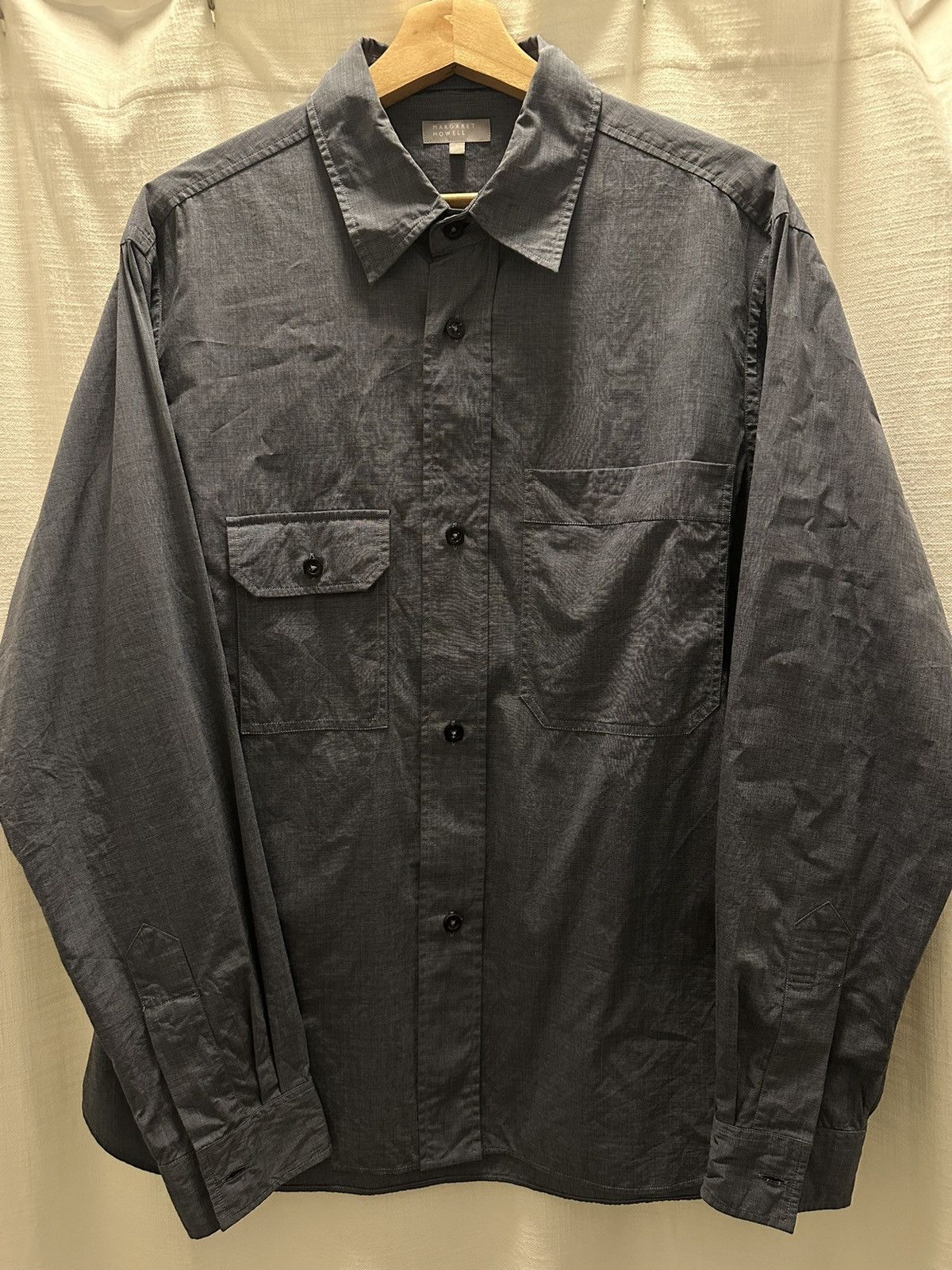 Margaret Howell Odd Pocket Shirt - End on End Cotton - Blue Size US S / EU 44-46 / 1 - 1 Thumbnail