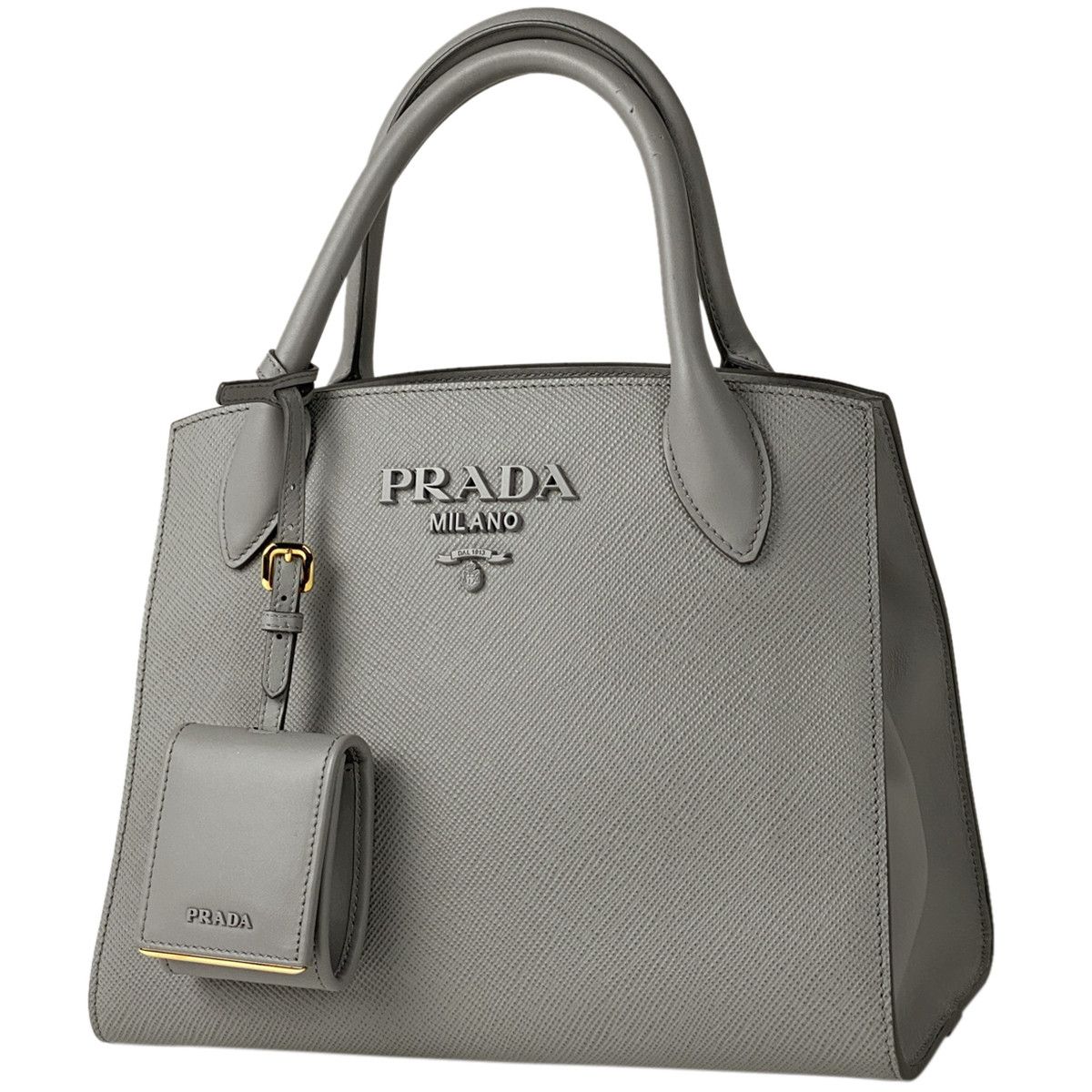 image of Prada Monochrome Small Bag Logo Saffiano Leather Gray in Black, Women's