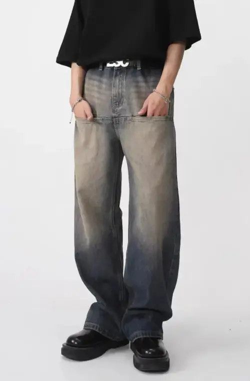 Retro distressed blue washed patchwork pocket jeans