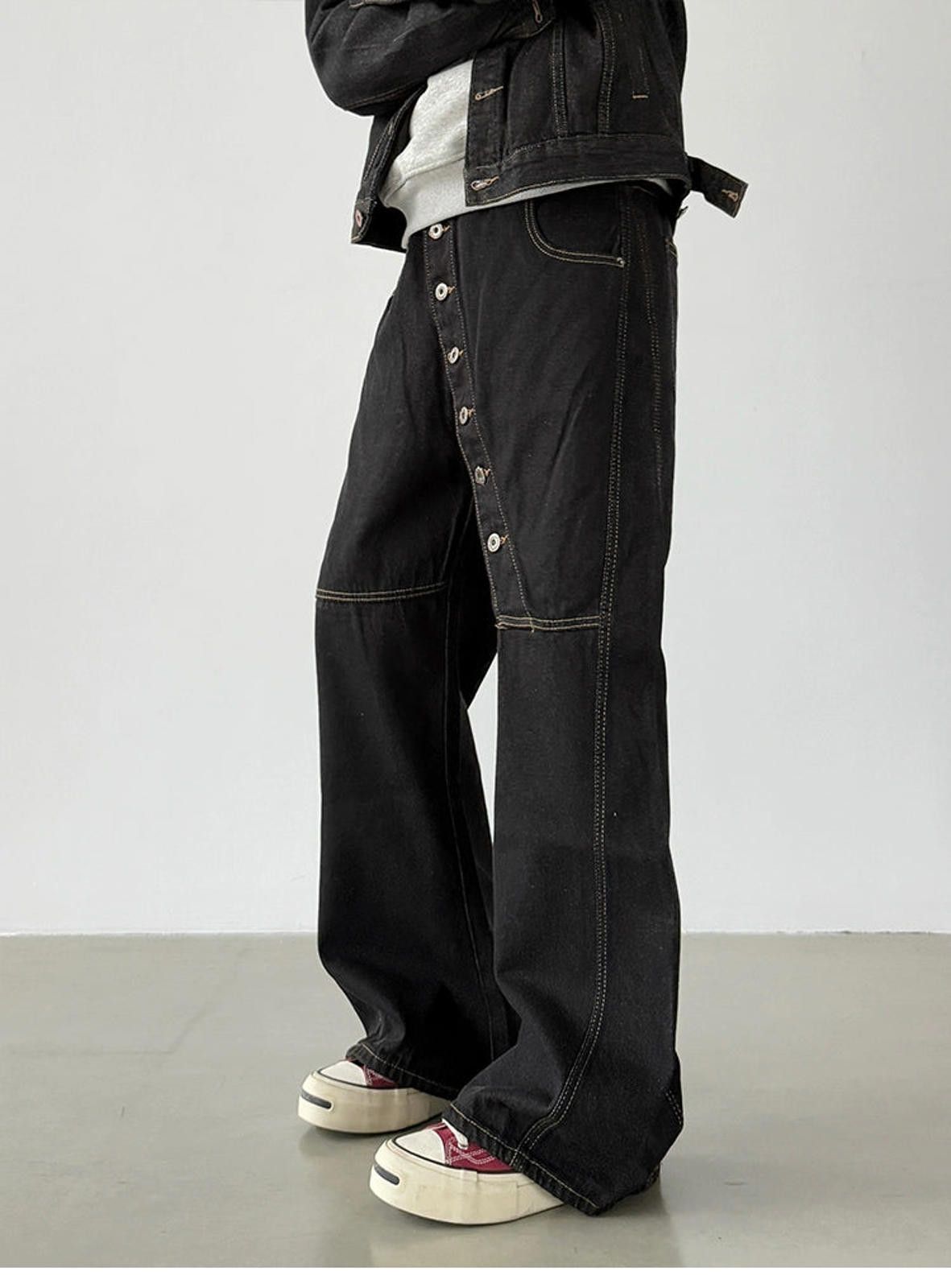 Japanese Brand Black Wide Leg Denim Jeans, Button-Front Detail Jeans Size US 32 / EU 48 - 3 Thumbnail
