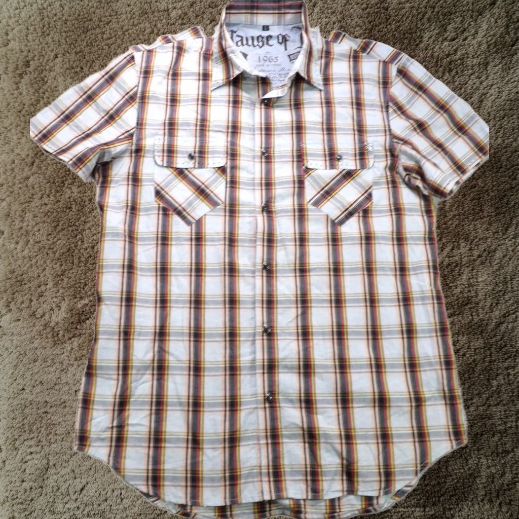House Of Howe Shirt Men Large L Plaid Short Sleeve Western Pearl Snap Cotton Y2K in Beige, Men's