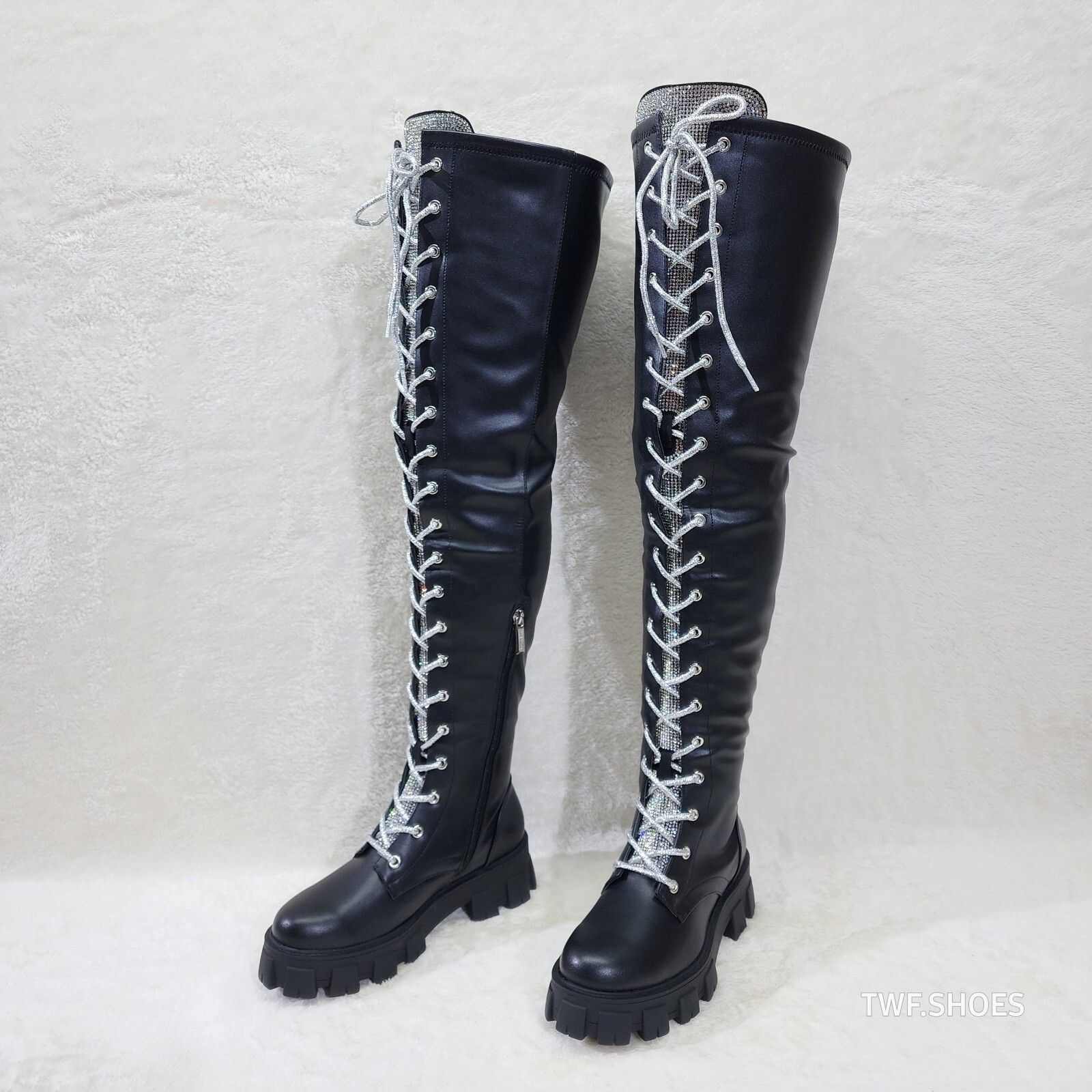 Other Roscoe Black Combat Thigh High Boots Iridescent Rhinestone T Size US 7 / IT 37 - 6 Thumbnail