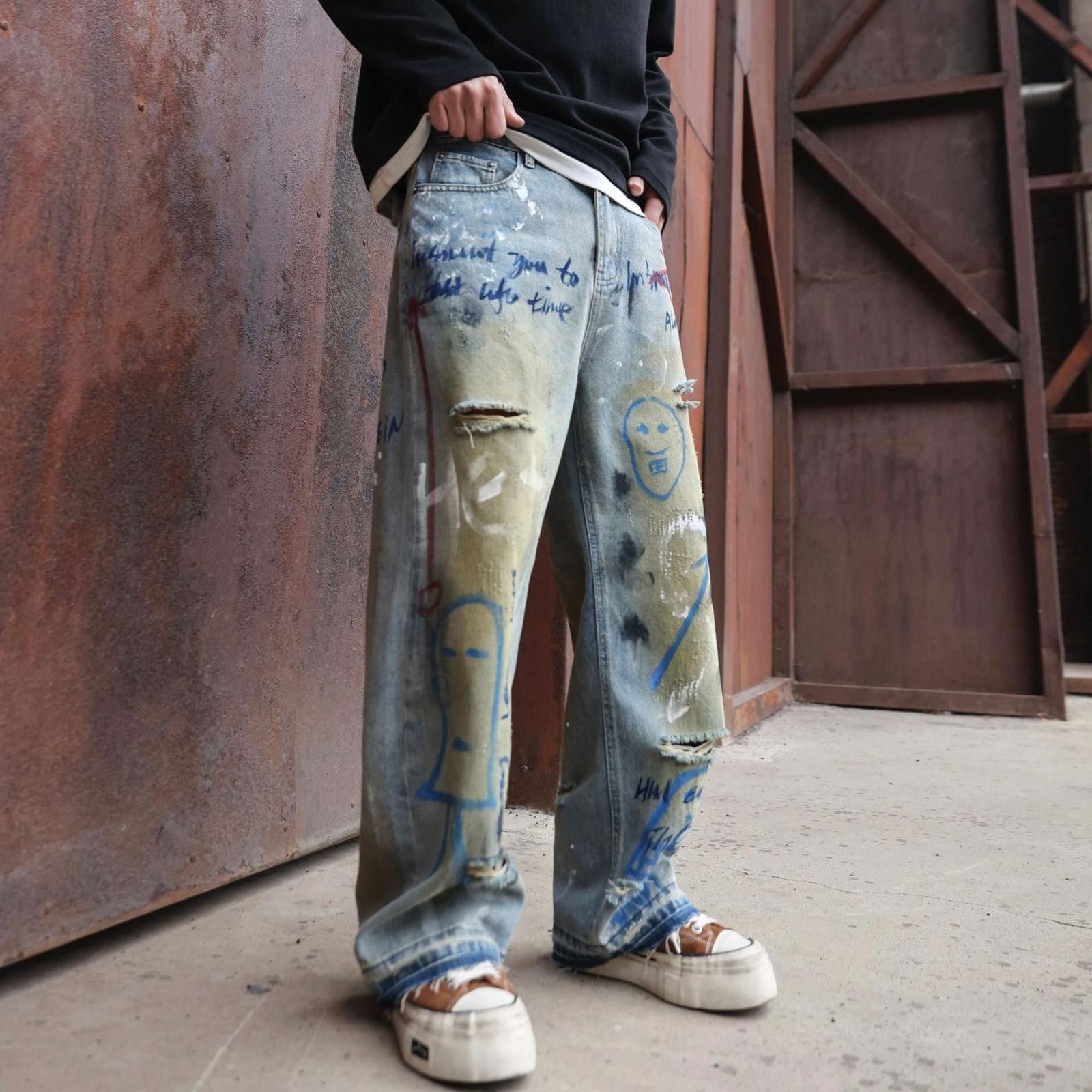 Japanese Brand Light Blue Graffiti Distressed Baggy Jeans, Loose Fit Denim Size US 30 / EU 46 - 2 Thumbnail