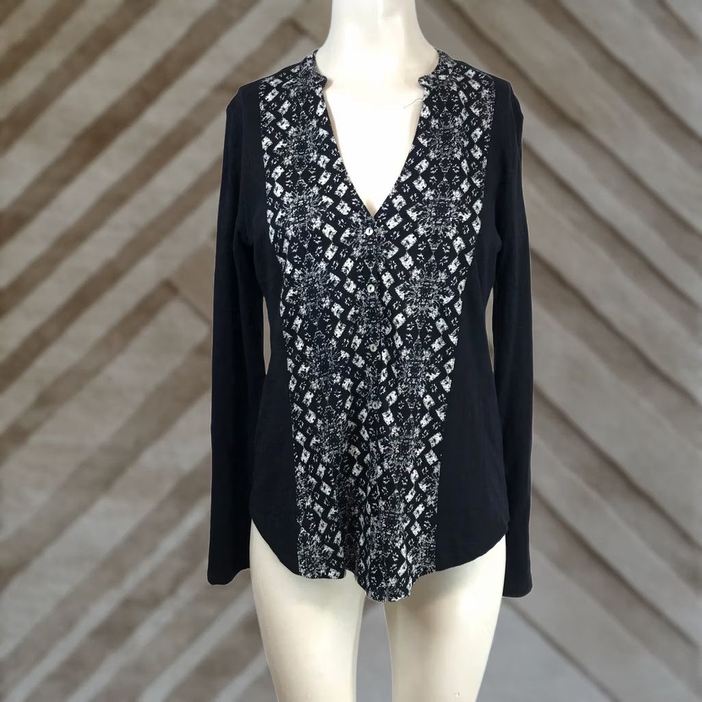 Lucky Brand Lucky Brand Top Womens Small Black White Geometric Diamond Print Split Neck NEW Size S / US 4 / IT 40 - 1 Thumbnail