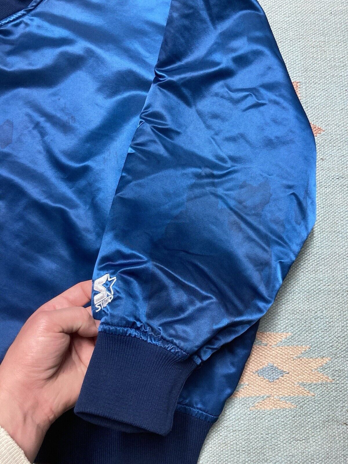 Starter × Vintage VTG starter satin jacket v neck blank navy blue baseball XL Size US XL / EU 56 / 4 - 4 Thumbnail