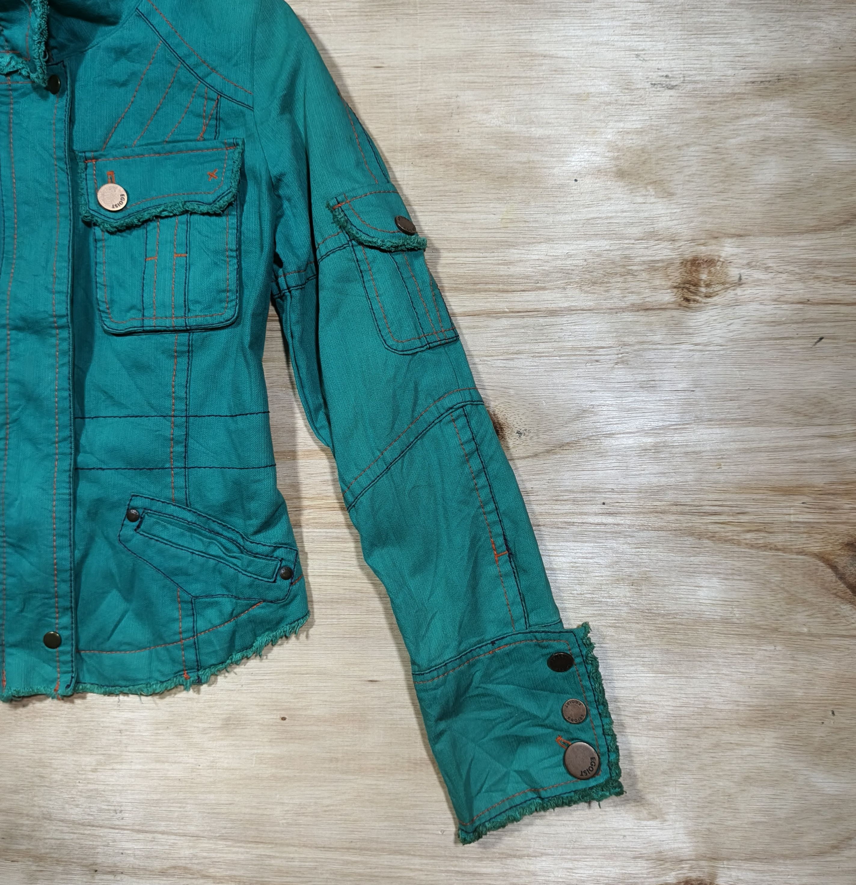 Japanese Brand EGOIST Turquoise Green Raw Hem Moto Jacket Size M / US 6-8 / IT 42-44 - 5 Thumbnail