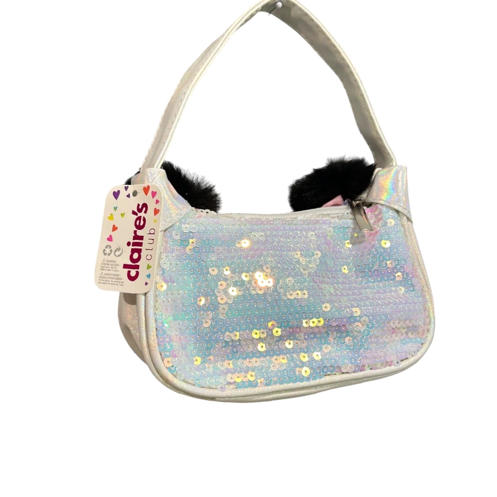Vintage Claires Panda Girls Handbag Sequin Shiny White Women’s White Handsbag? Size ONE SIZE - 4 Thumbnail