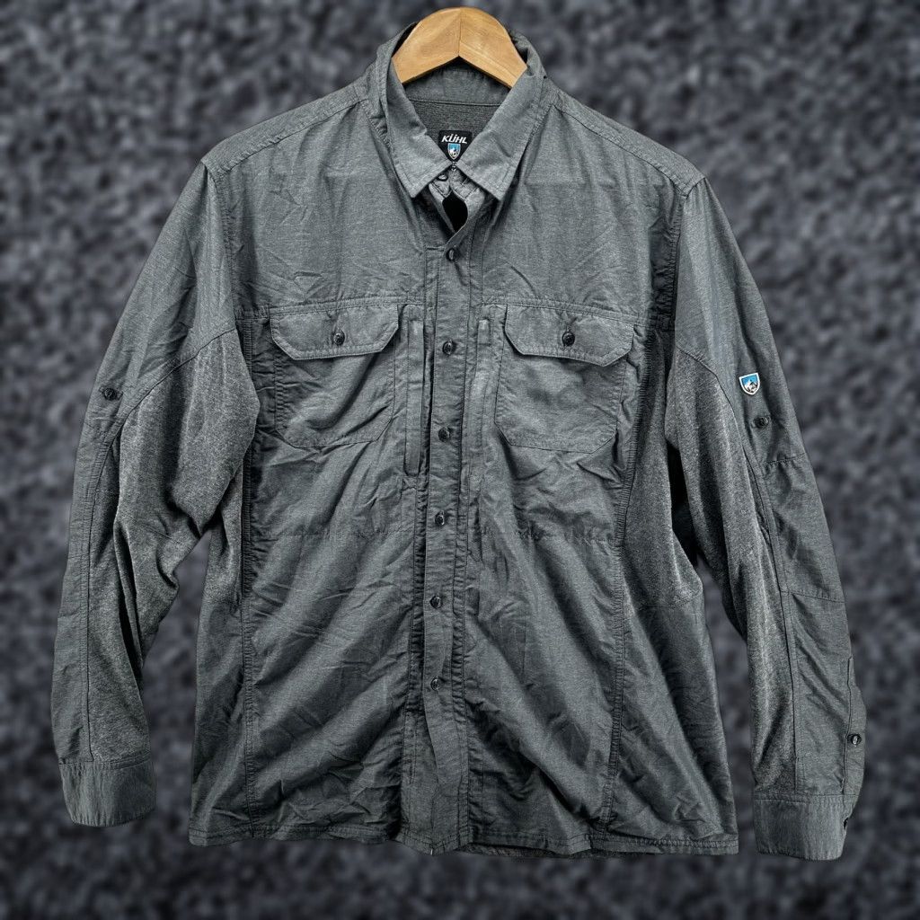 Vintage Kuhl Shirt Mens Medium Gray Hybrid Knit Woven Long Sleeve Button Front Outdoor Casual Workwear Hiking Pockets Embroidered Shield Patch Mens Size US M / EU 48-50 / 2 - 1 Thumbnail