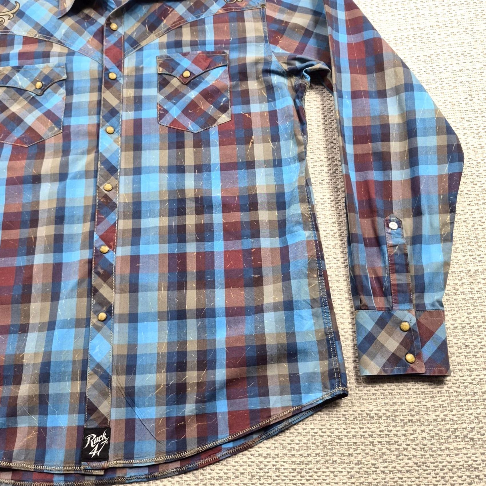 47 Rock 47 Wrangler Shirt Mens XL Blue Plaid Long Sleeve Western Snap Embroidered Size US XL / EU 56 / 4 - 2 Thumbnail