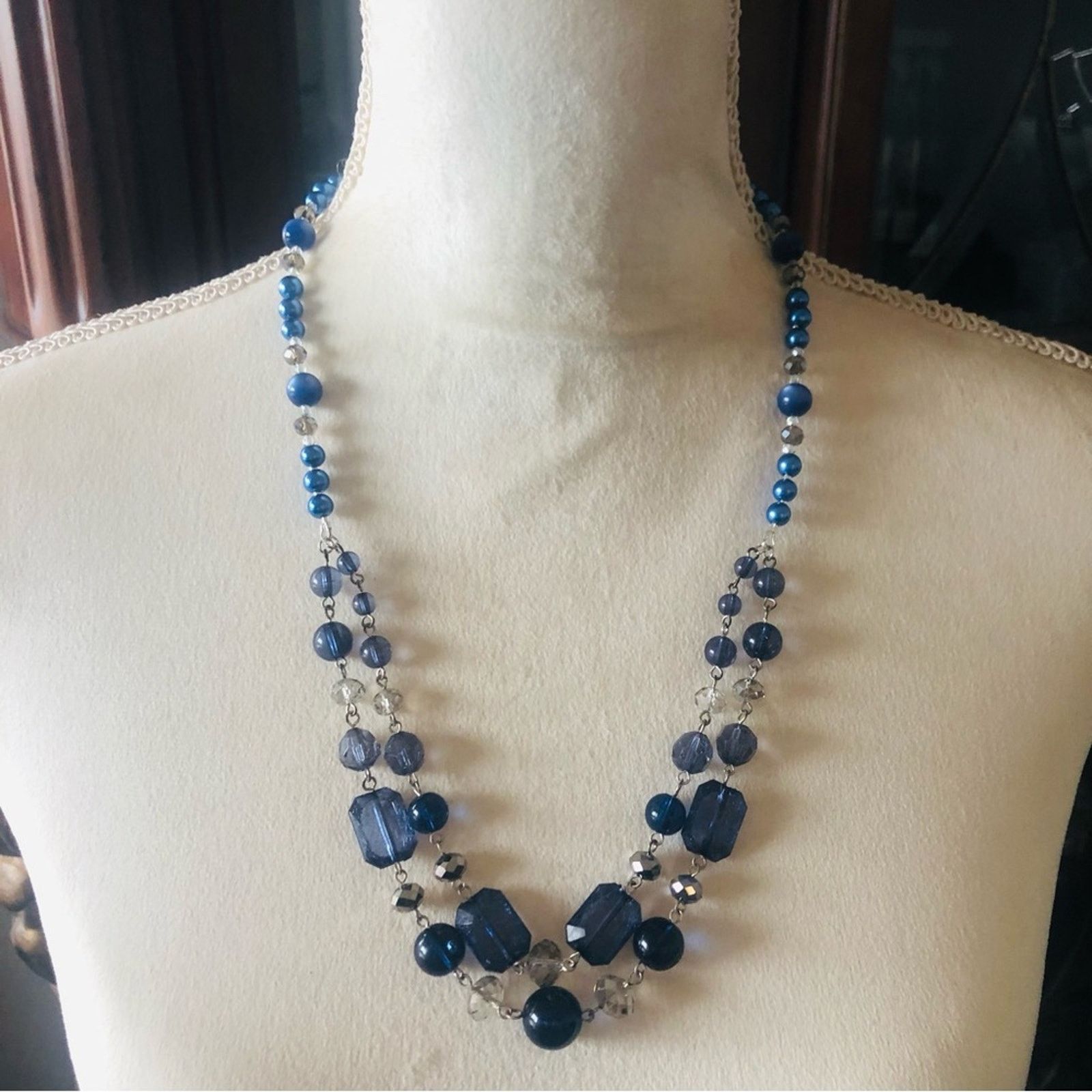 Handmade Handcrafted blue tone vintage bead pearl necklace Size ONE SIZE - 2 Thumbnail