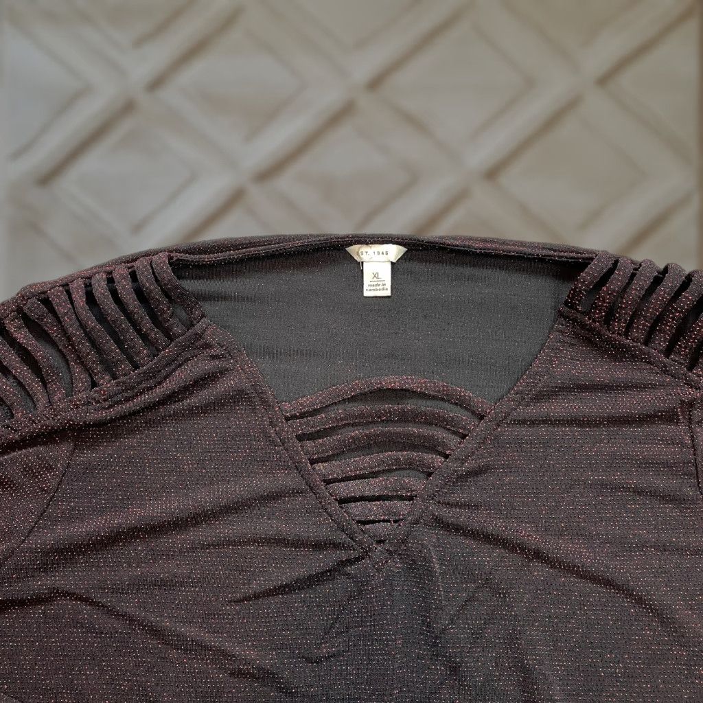 Vintage Cato Blouse Shirt Womens XL Black Dark Red Long Sleeve Nylon Spandex Jersey Stretch Dressy Casual Workwear Everyday Size XL / US 12-14 / IT 48-50 - 1 Thumbnail