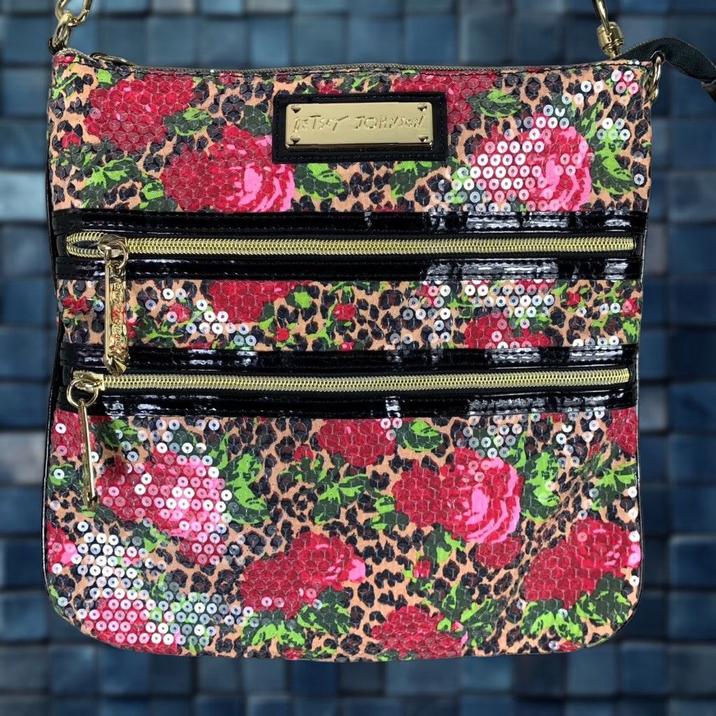 Betsey Johnson Crossbody Purse Small Clear Rose Leopard Floral Sequin Print Unisex
