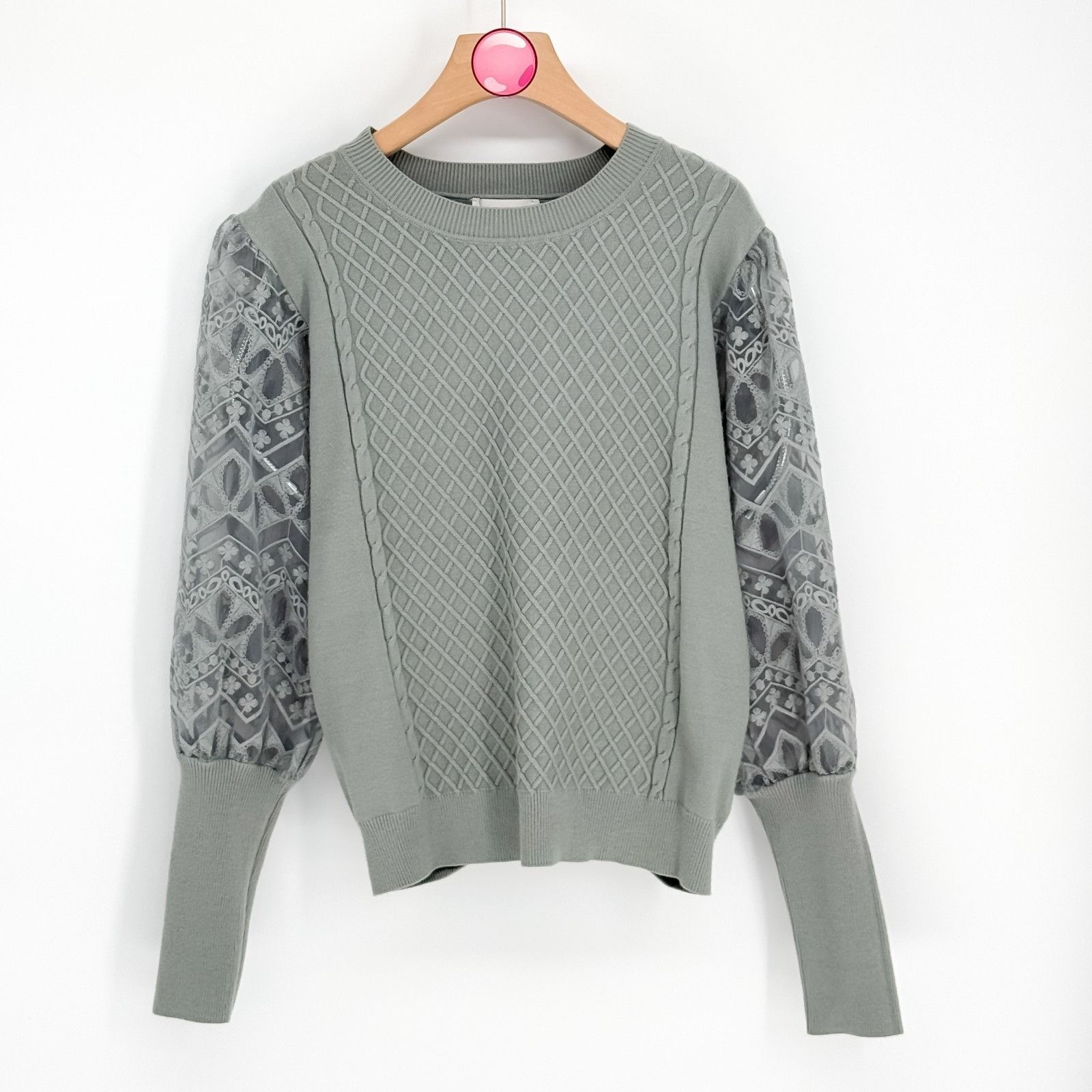 Anthropologie CALLIGRAPHIE Anthropologie Green Cable Knit Sheer Lace Sleev Size M / US 6-8 / IT 42-44 - 1 Thumbnail