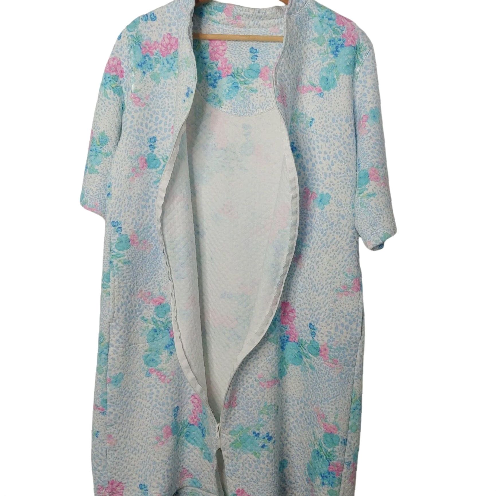 Vintage VINTAGE House Coat Full Zip L/XL Knit Quilted White Blue Floral Grannycore Women Size L / US 10 / IT 46 - 4 Thumbnail