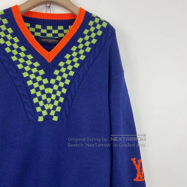 Louis Vuitton Blue checkerboard arm logo jacquard knit swe