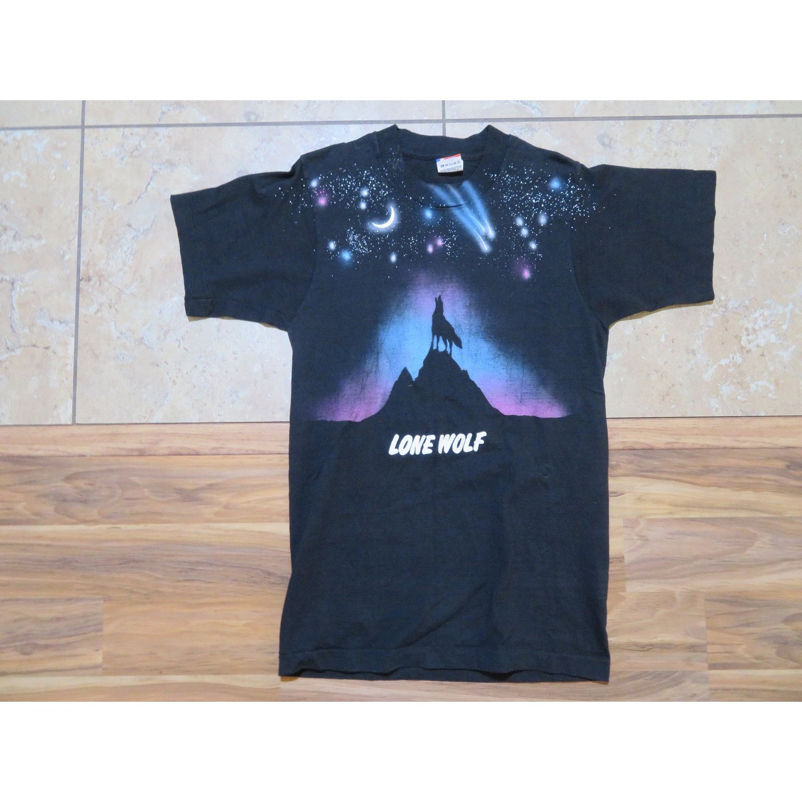 Fruit Of The Loom 90s Lone Wolf Howling Night Stars Sky Black T-Shirt Sz S-M Size US M / EU 48-50 / 2 - 1 Thumbnail