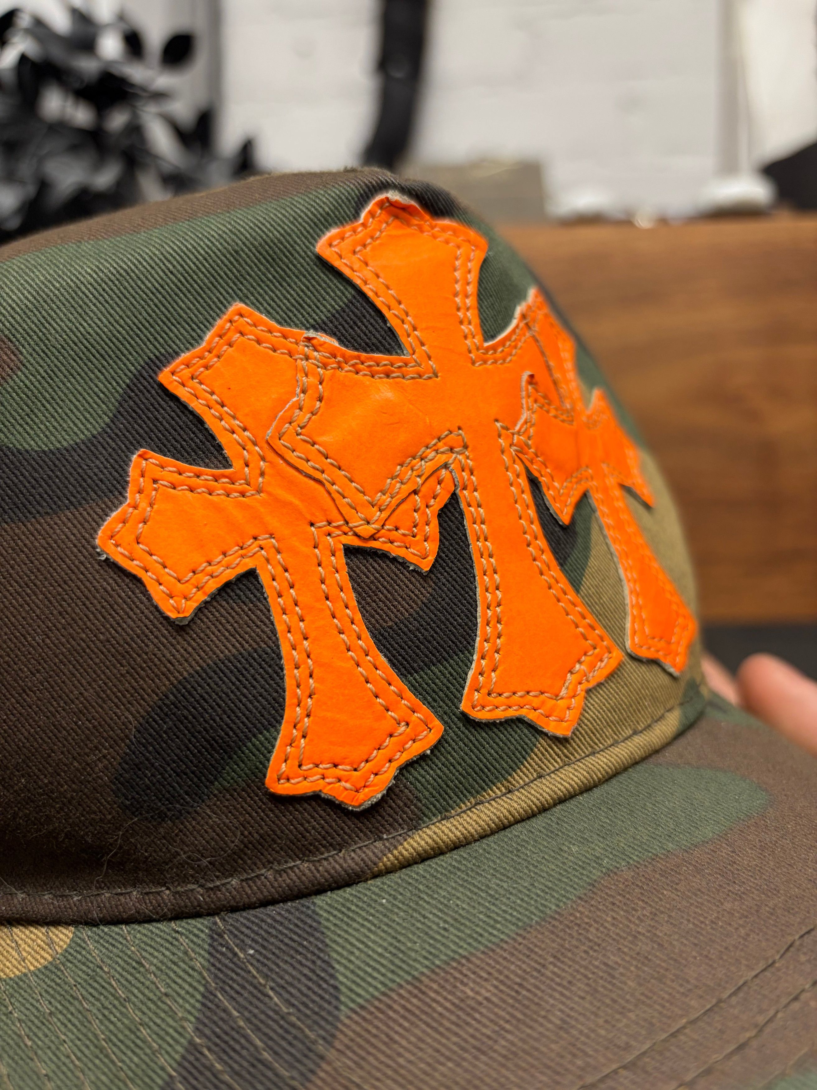 Chrome Hearts Chrome Hearts Orange ‘Cemetery’ Leather Cross Patch Camo Trucker Hat Size ONE SIZE - 2 Thumbnail