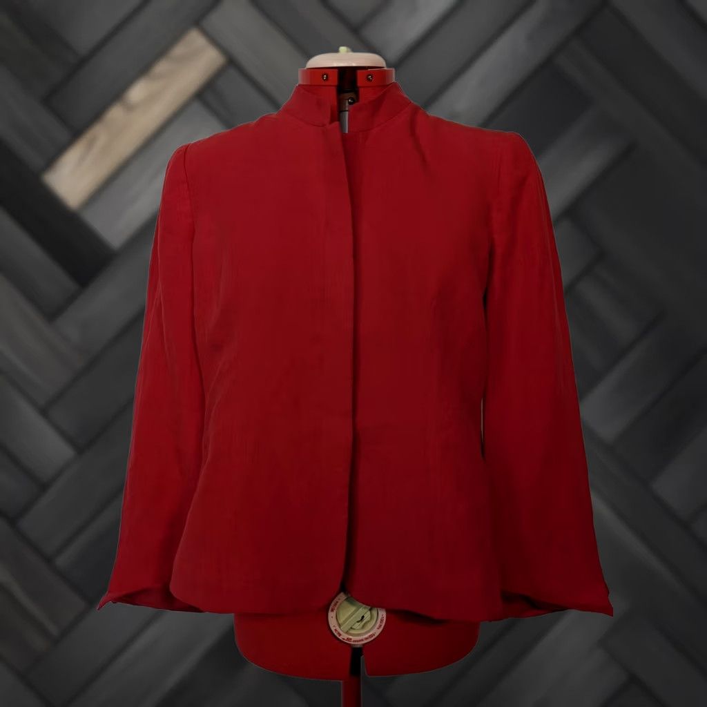 Giorgio Armani VINTAGE Giorgio Armani Collezioni Blazer Jacket Women 10 Red Linen Mandarin Neck Italy 2008 Spring Size L / US 10 / IT 46 - 1 Thumbnail