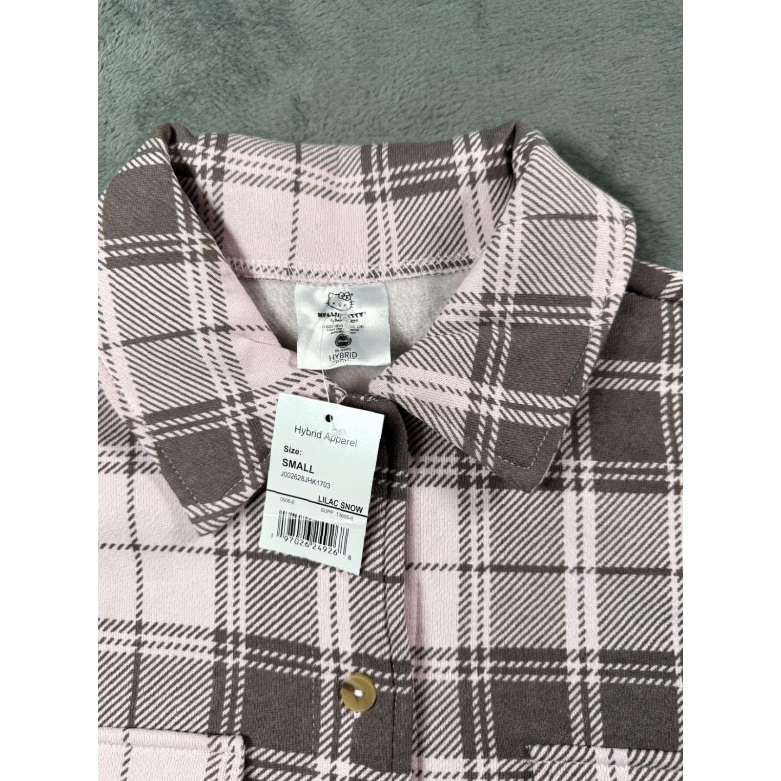 Hello Kitty Shirt Womens Small Pink Plaid Button-Up Sanrio Graphic Flannel Long Sleeve