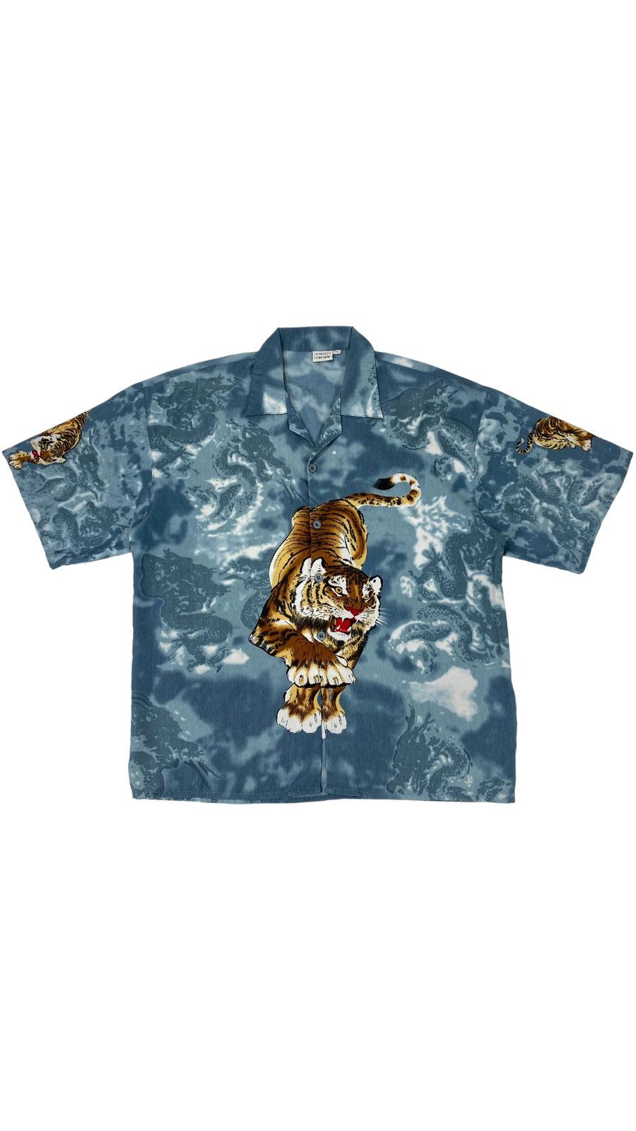 image of Crazy Shirts x Hawaiian Shirt Y2K Japanese Dragons Tiger Crazy Party Shirt in Pale Blue (Size 2XL)