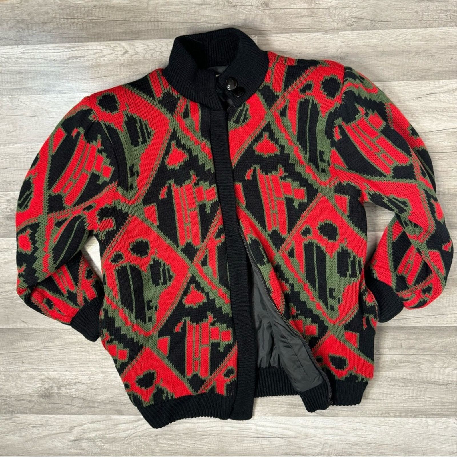 Vintage Vintage 80s Abstract Knit Bomber Jacket Red Green Black Size US L / EU 52-54 / 3 - 2 Thumbnail