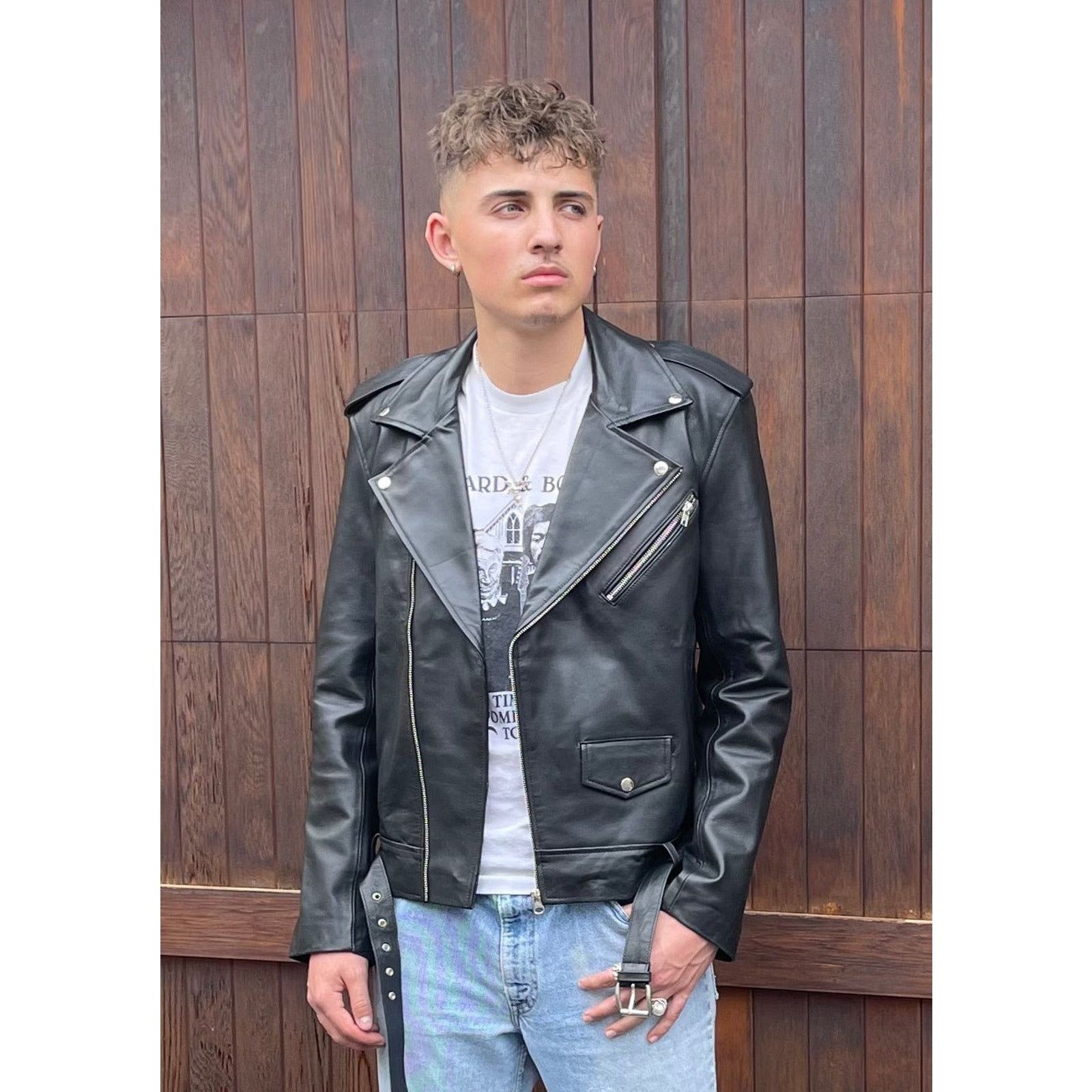 & Other Stories James Leather Moto Belted Biker Jacket Size US L / EU 52-54 / 3 - 2 Thumbnail