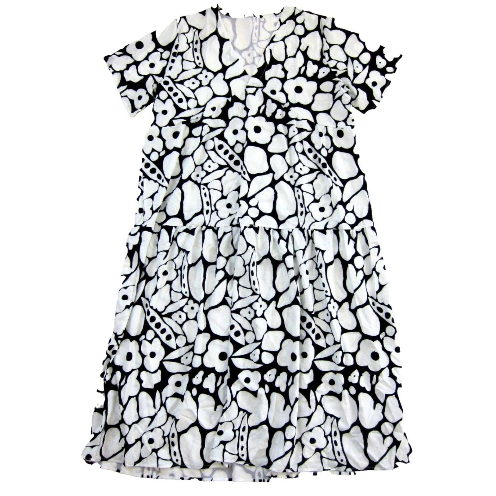 Vintage NWT Chartou Black White Floral V-Neck Short Sleeve Long Maxi Smock Dress XXL Size 40" / US 18 - 2 Thumbnail