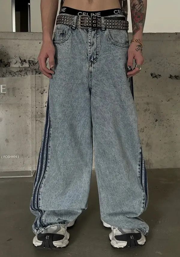 VIBE Avant garde fashion acid wash side striped baggy jeans pants Size US 32 / EU 48 - 2 Thumbnail