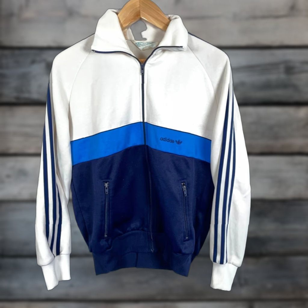 Adidas VINTAGE adidas Track Jacket Mens M White Blue Striped 80s 90s Hip Hop Retro Full Zip Pockets Unlined Zip Stand-Up Collar Regular Fit Casual Size US M / EU 48-50 / 2 - 1 Thumbnail