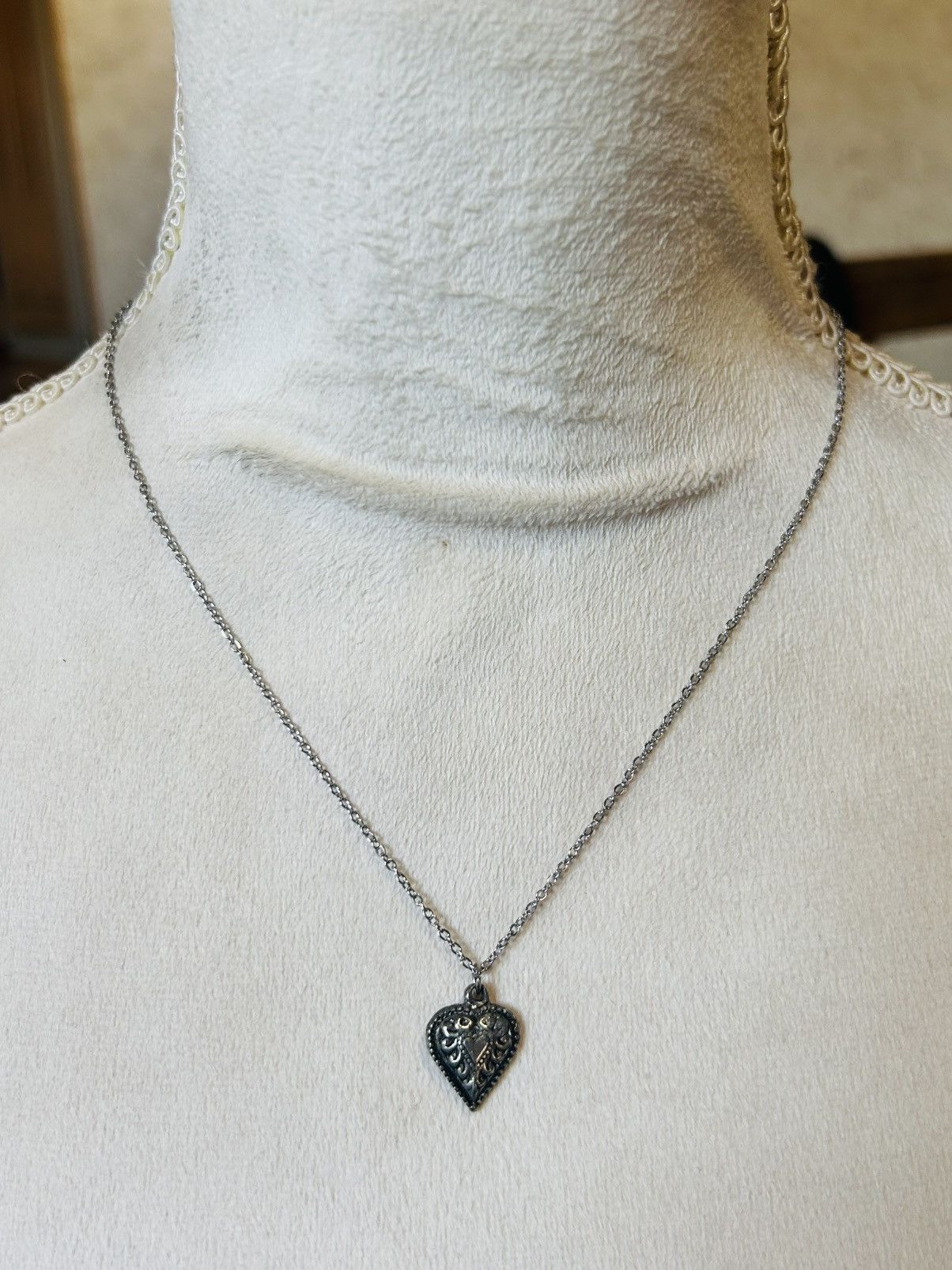Handmade Handcrafted vintage textured heart pendant on chain necklace Size ONE SIZE - 2 Thumbnail
