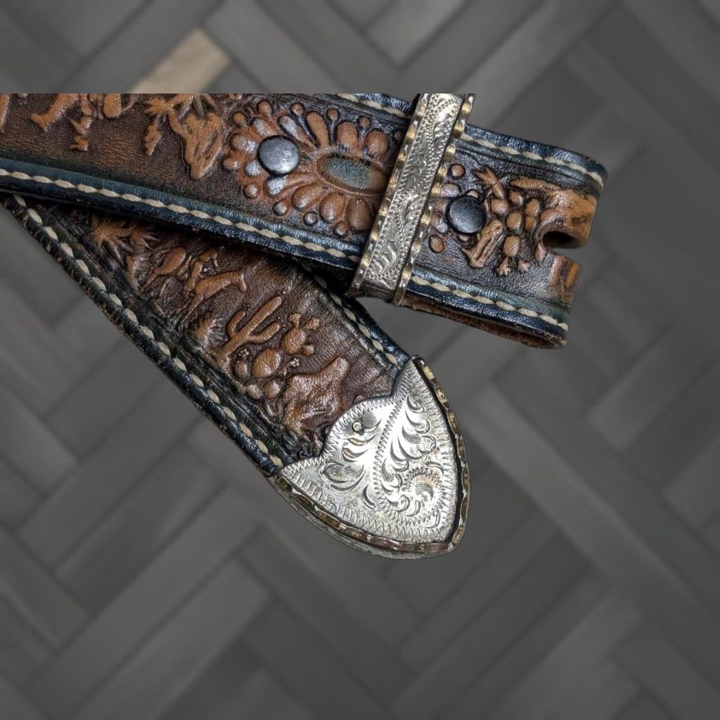 Vintage VINTAGE western belt tooled buckle Textan brown 28 leather cowhide German Silver alpaca tip holder unisex adults Mens Size 28 - 1 Thumbnail
