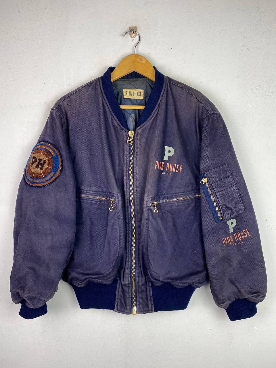 image of Avant Garde x Bomber Jacket Vintage Pink House Bomber Jacket Sunfaded Nice Design in Navy Blue (Siz