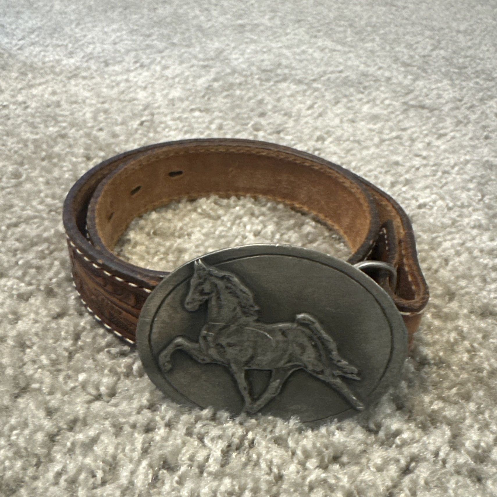 Tony Lama VINTAGE Tony Lama Inlay Leather Belt Pewter Horse Buckle Brown Adult Unisex 26” Size ONE SIZE - 2 Thumbnail