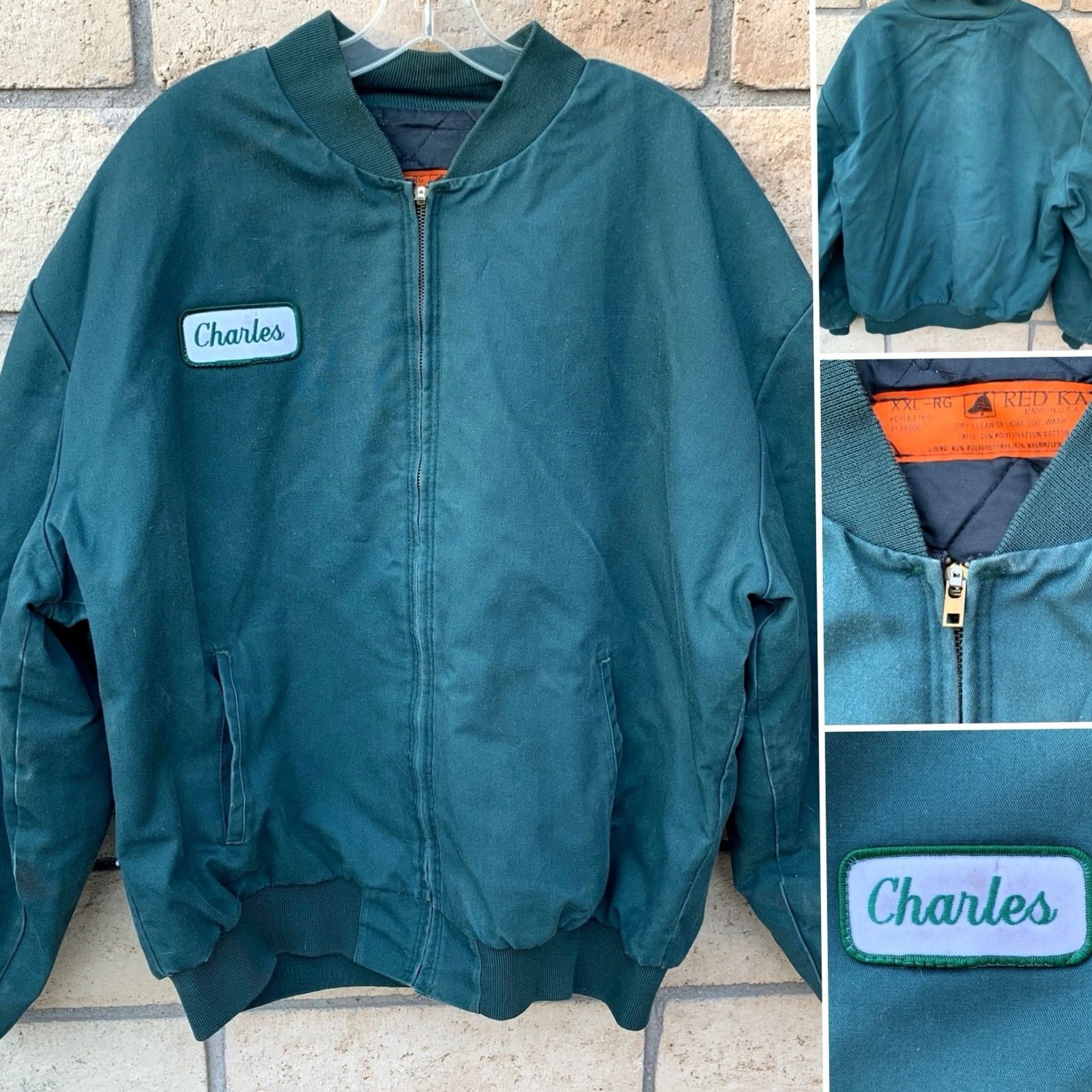 Red Kap VINTAGE Red Kap Work Jacket Worn Talon Zipper The Name Charles Green 2XL Reg Green Jacket Mens Bomber Full Zip Lined Pockets USA Made Size US XXL / EU 58 / 5 - 3 Thumbnail