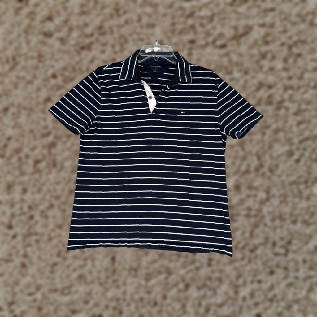 Tommy Hilfiger VINTAGE Tommy Hilfiger Polo Shirt Women Medium Blue White Stripe Cotton Short Sleeve Size M / US 6-8 / IT 42-44 - 1 Thumbnail