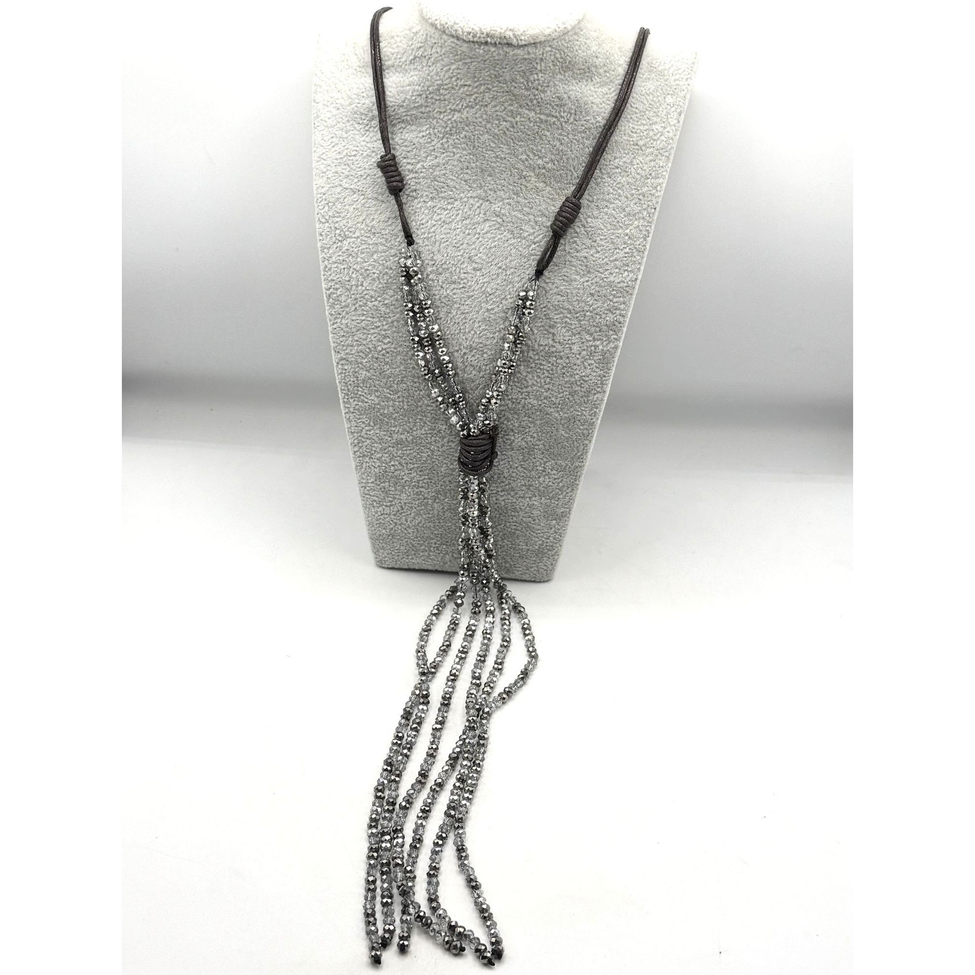 Vintage Gray Crystal Beaded Tassel Leather Necklace Size ONE SIZE - 3 Thumbnail