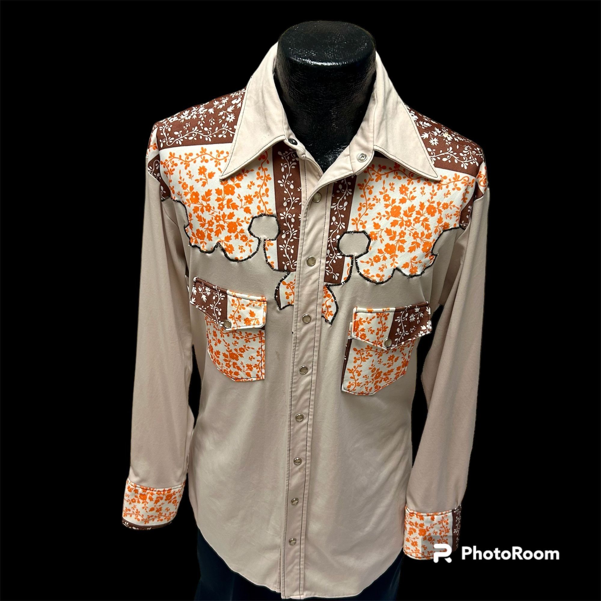 image of Vintage 70's Beige Orange Floral Cowboy Western Rockabilly Hippie, Men's (Size XL)