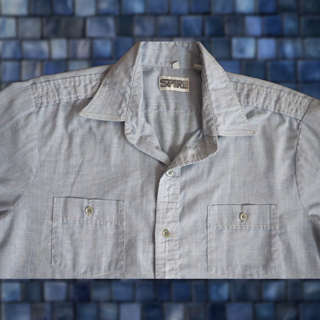 Vintage VTG 70s Spire California Blue Chambray Polycotton Shirt Men LT Long Sleeve Pocket Button Size US L / EU 52-54 / 3 - 1 Thumbnail