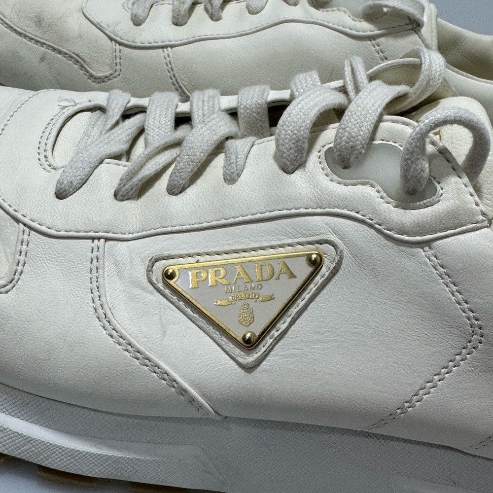 Prada Prada Triangle-Logo Leather Sneakers White Gold Men’s Size 1 Size US 10 / EU 43 - 3 Thumbnail