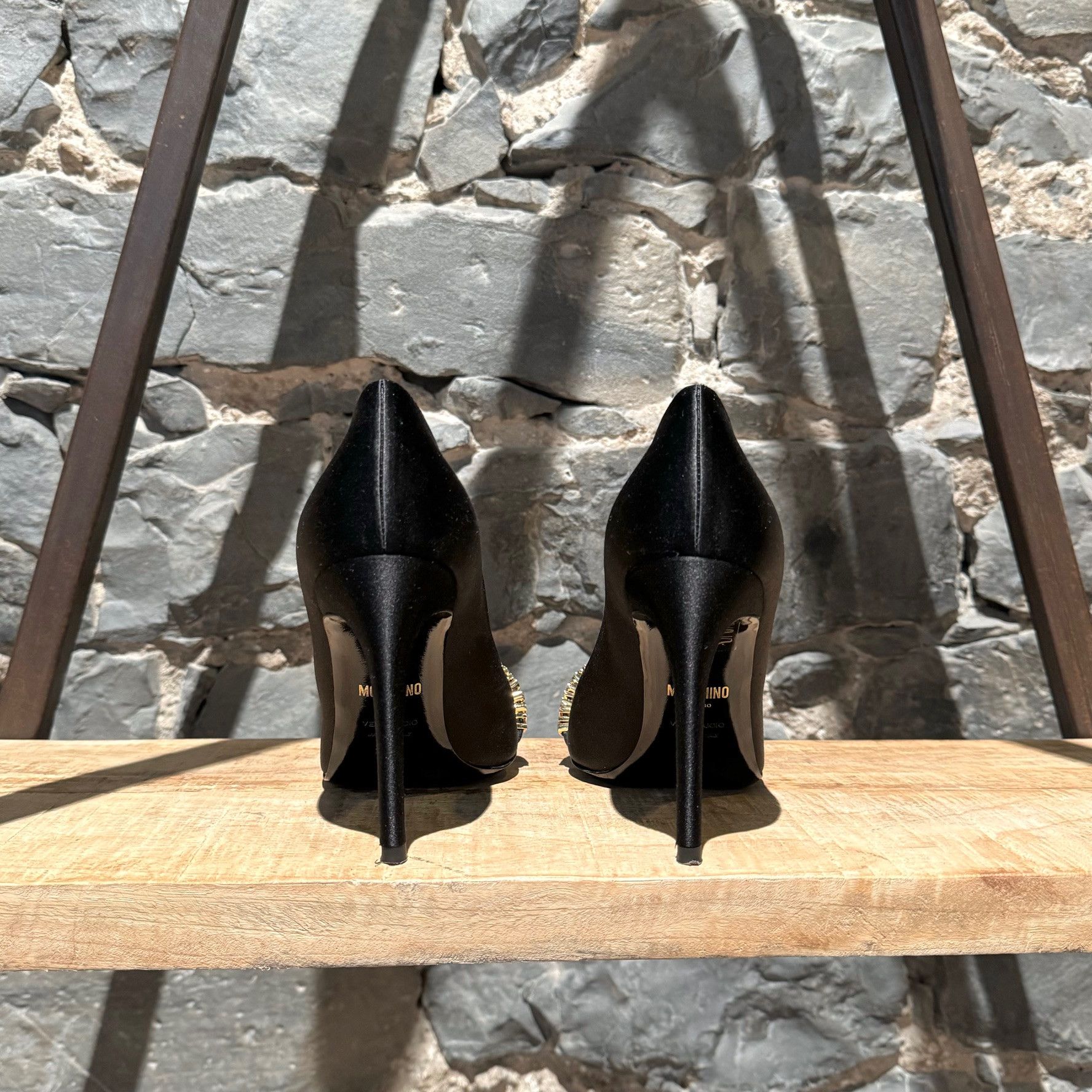 Moschino Moschino Mini Lettering Crystal Logo Black Satin Pumps Size US 9 / IT 39 - 6 Thumbnail