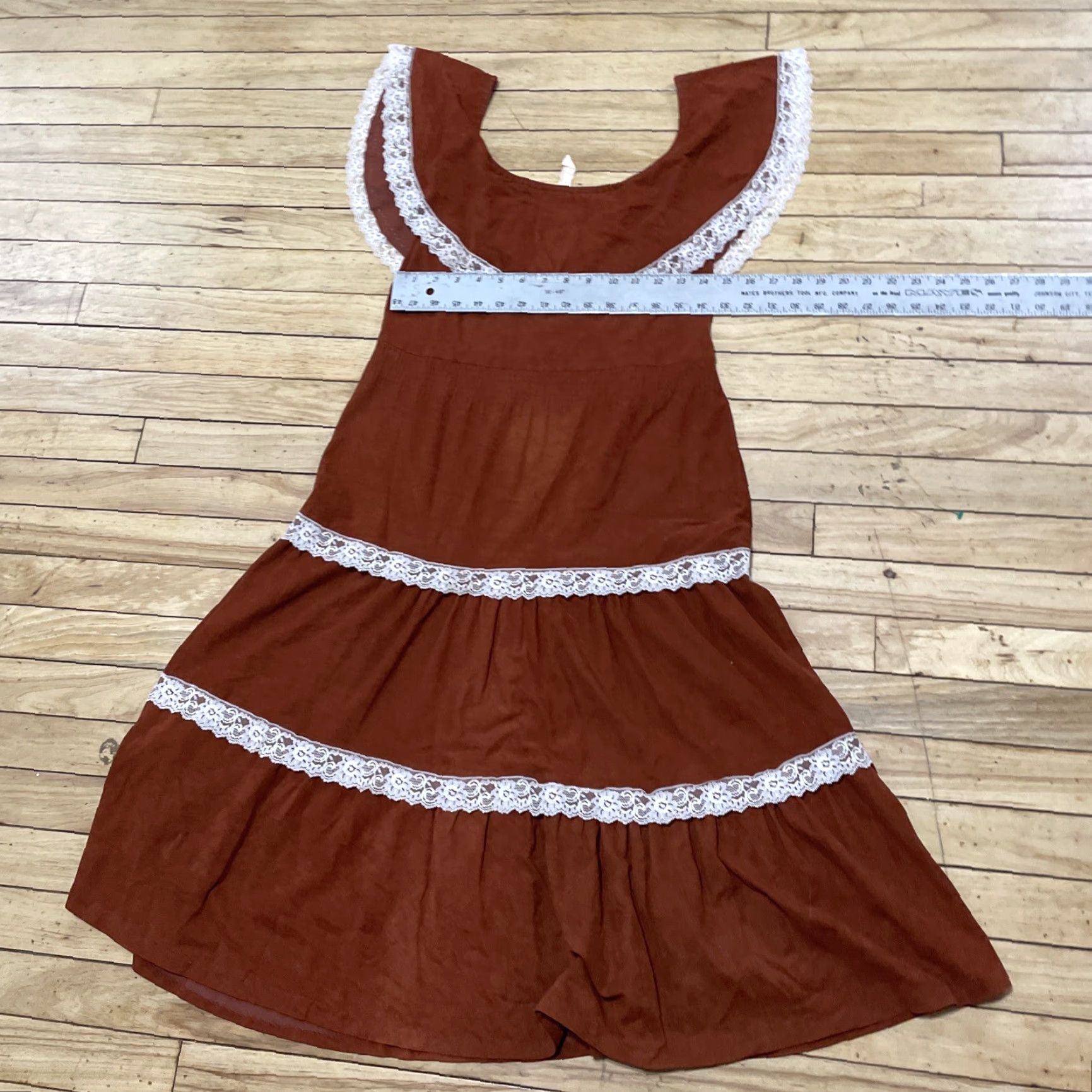 Vintage VINTAGE Cream Tiered Peasant Dress Women 6 Brown Cream Lace Boho Western Lagenlook 90s Dress Womens Size M / US 6-8 / IT 42-44 - 6 Thumbnail