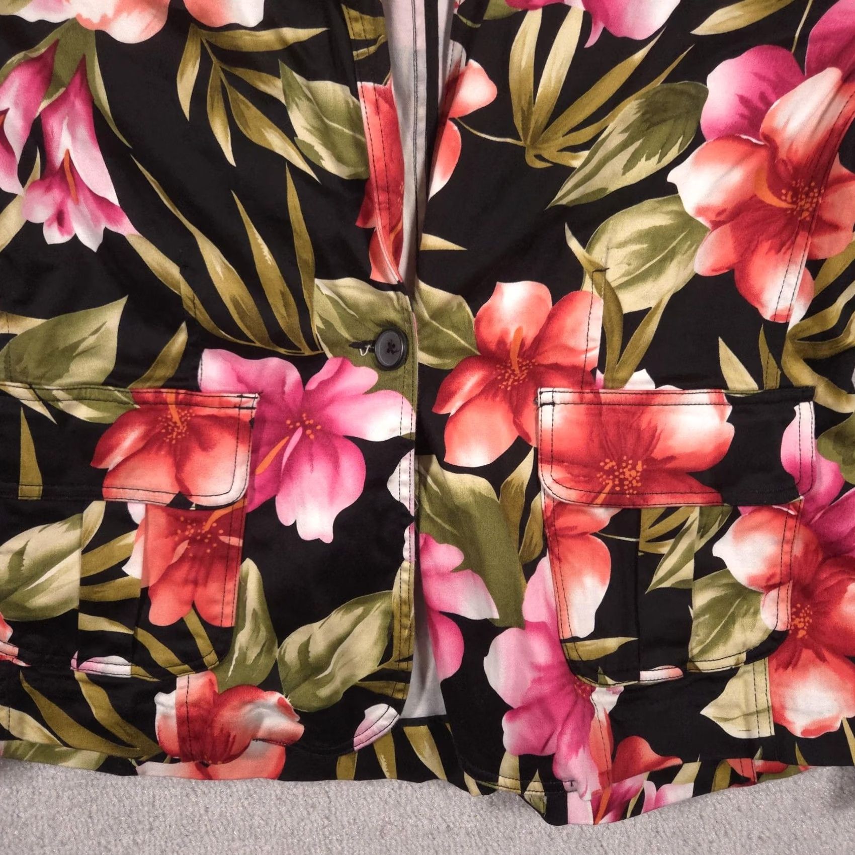 Vintage Caribbean Joe Jacket Womens XL Black Tropical Floral Print Button Front Casual Size XL / US 12-14 / IT 48-50 - 3 Thumbnail