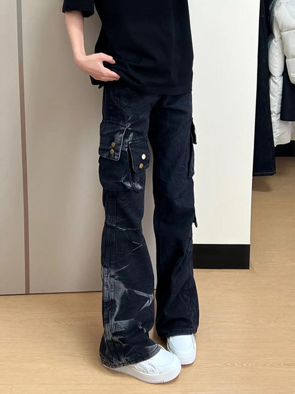 Black Cargo Flare Wide Leg Jeans