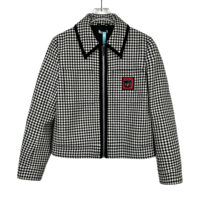 Miu Miu Miu Miu Womens Black & White Gingham Wool Jacket With Red Lo Size XS / US 0-2 / IT 36-38 - 1 Thumbnail
