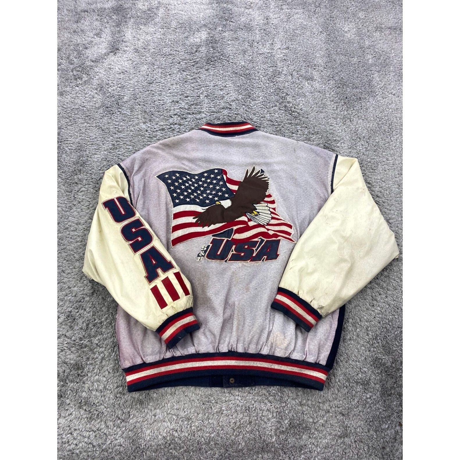 Vintage Steve and Barry’s USA Patriotic selling American Flag Bald Eagle Varsity Jacket