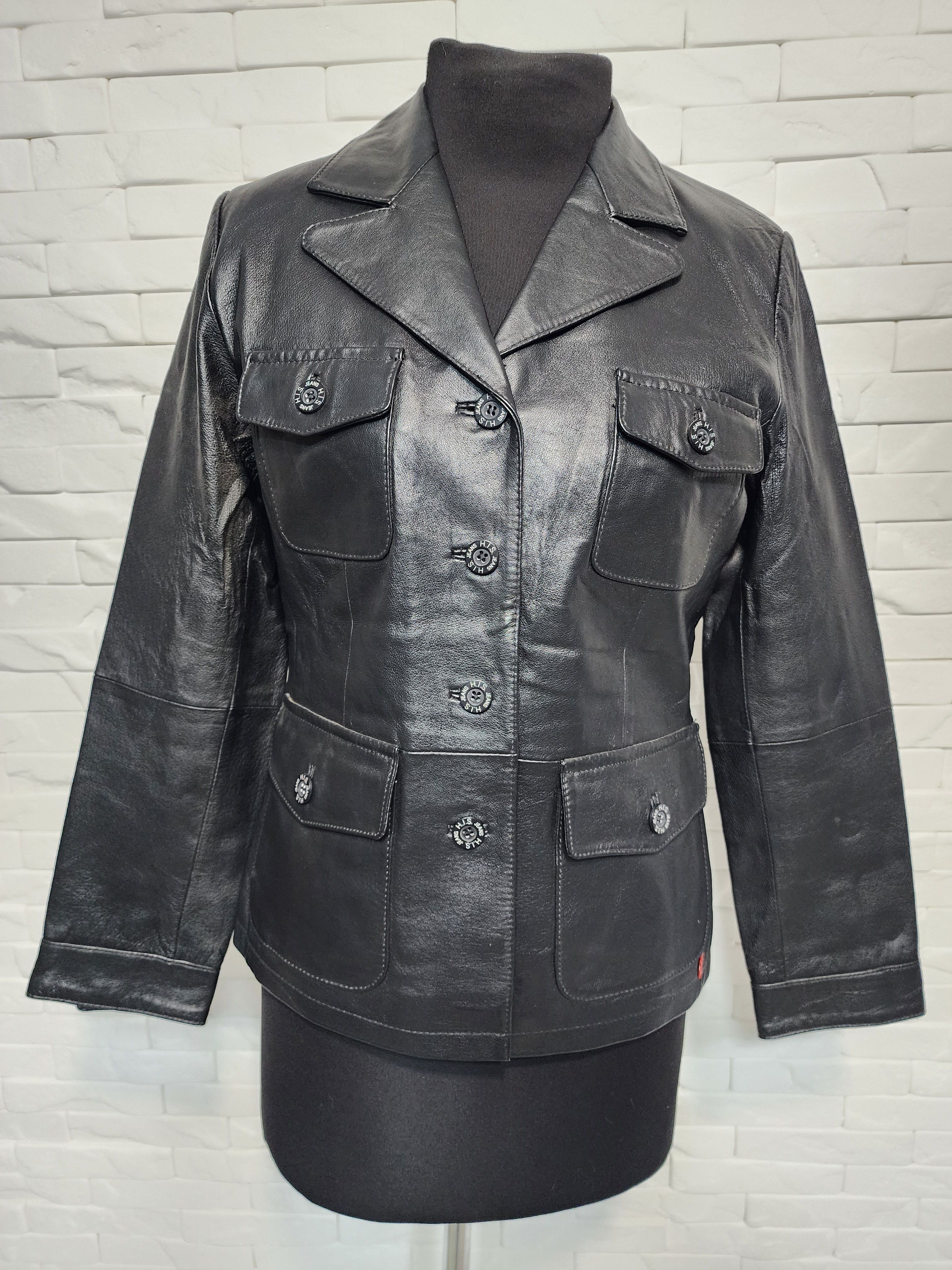 Genuine Leather Black Leather Jacket: Buttoned Women's Coat Size M / US 6-8 / IT 42-44 - 1 Thumbnail